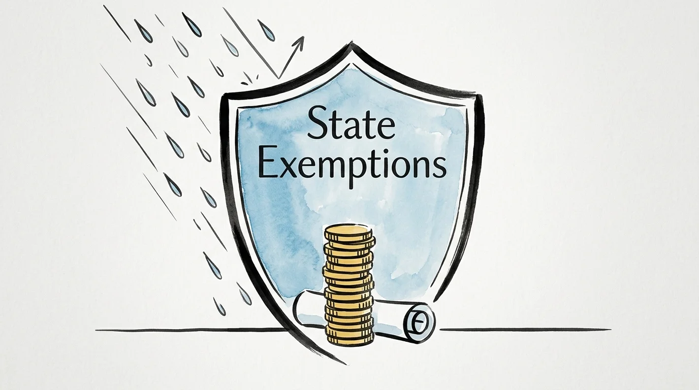 A conceptual watercolor illustration of a protective shield labeled 'State Exemptions' guarding a stack of coins from falling tax rain.