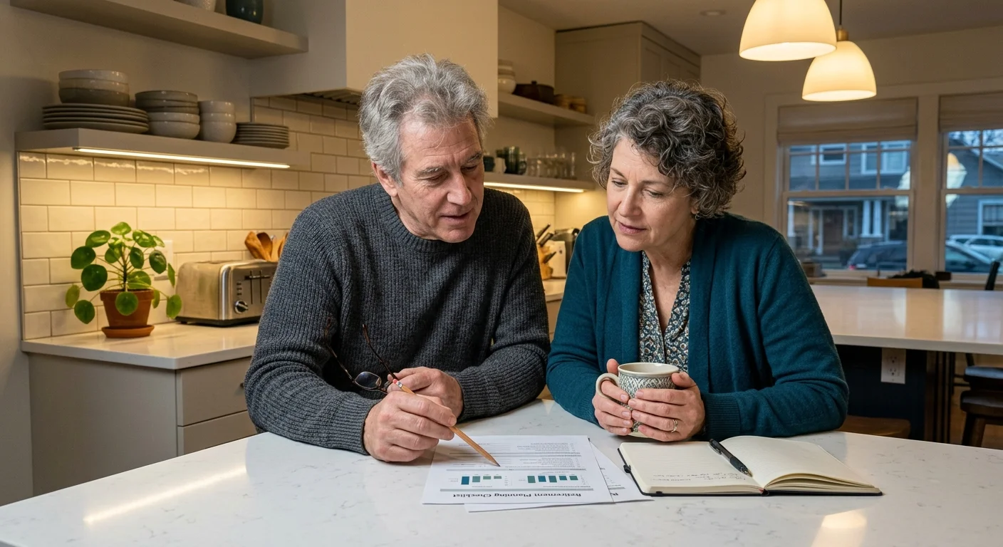 A couple in their 60s sitting at a kitchen island reviewing a paper financial checklist together.
