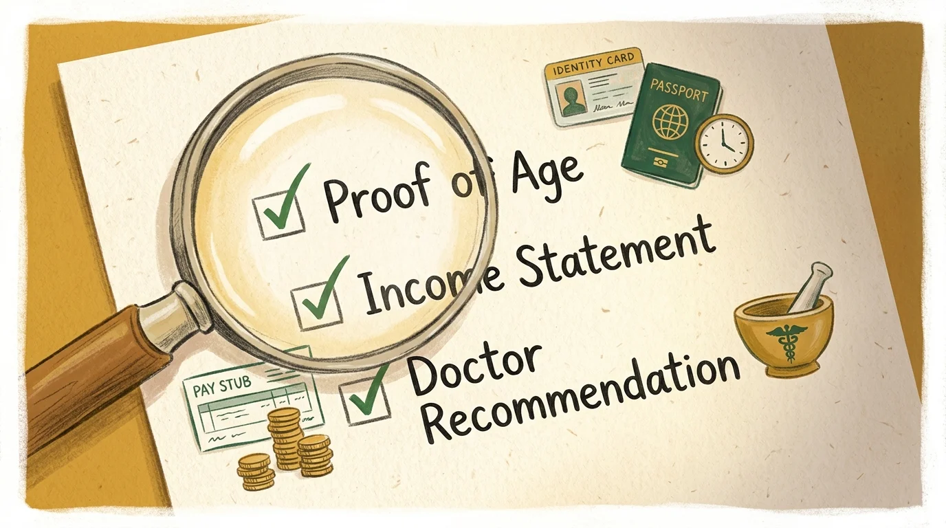 A cozy gouache illustration of a checklist under a magnifying glass, showing application steps like proof of age and income.