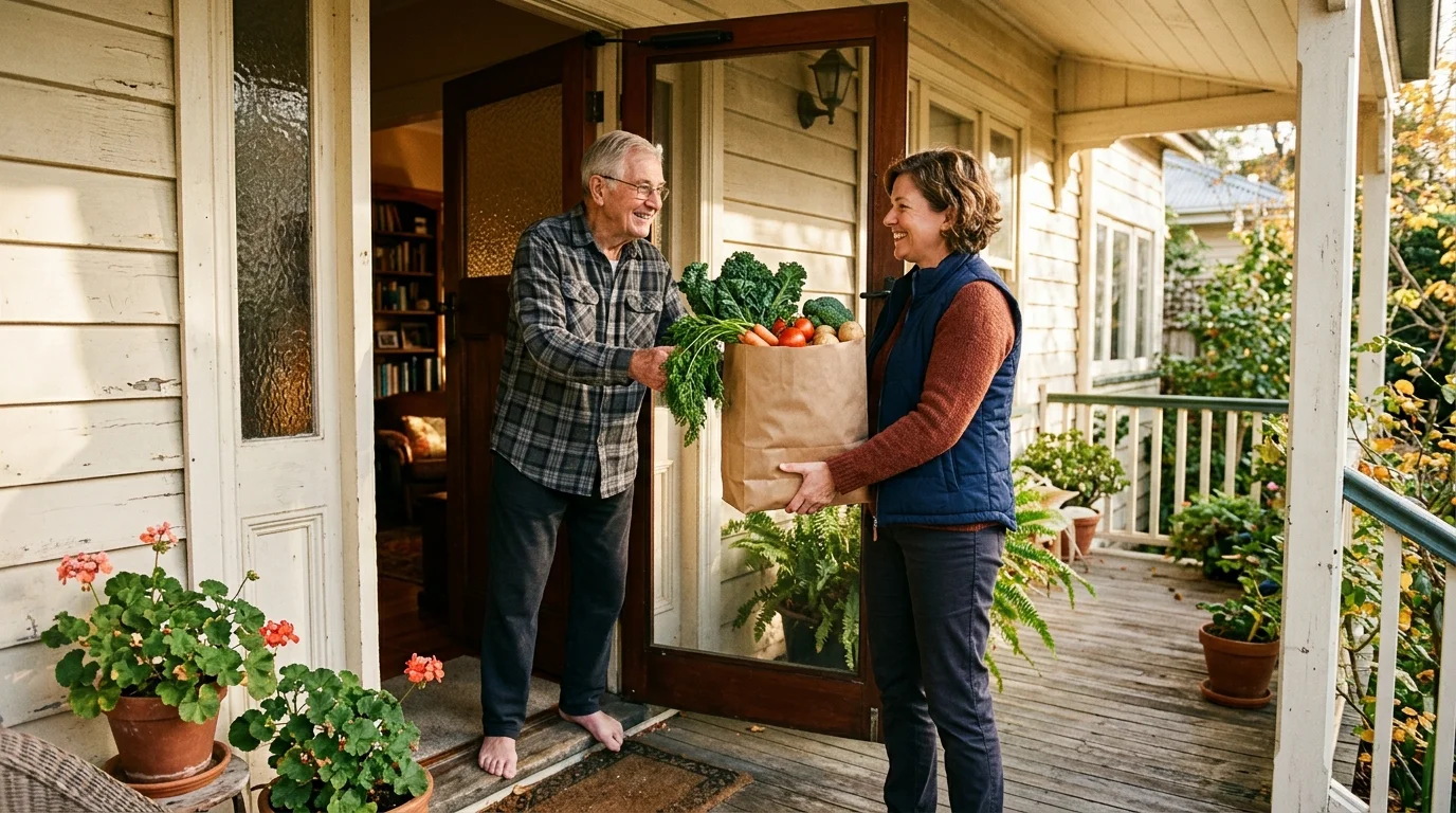 A female volunteer delivers a paper bag of fresh vegetables to an older man at his front door under warm afternoon sunlight.