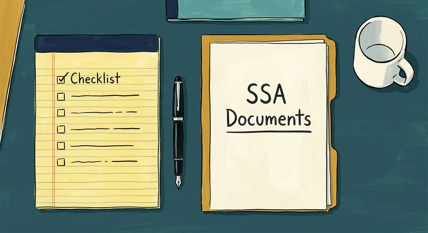 A flat lay illustration of a legal pad with a checklist, a pen, and a document folder on a clean teal background.