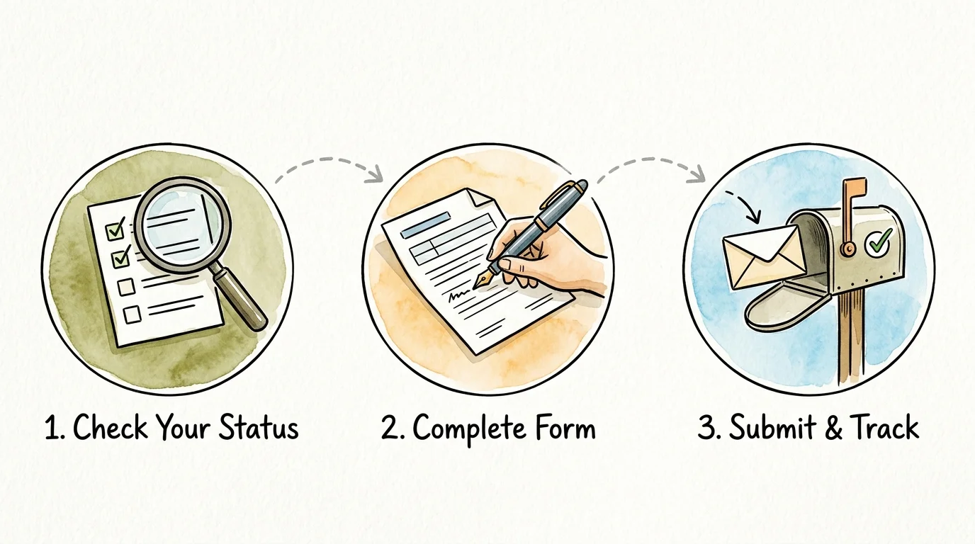 A friendly step-by-step watercolor graphic showing three steps: Check Your Status, Complete Form, and Submit & Track.