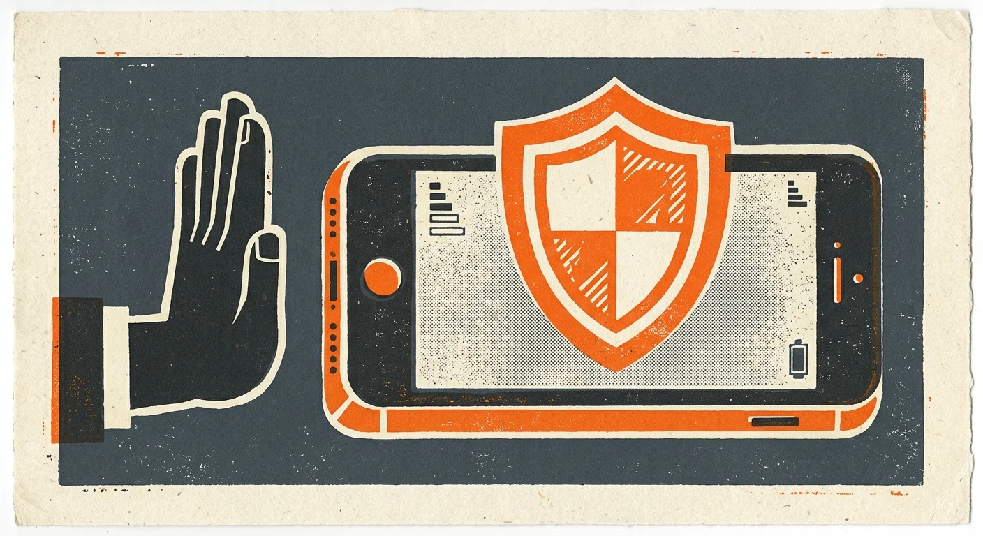 A graphic screenprint illustration of a smartphone protected by a bold orange shield icon next to a hand in a stop gesture.