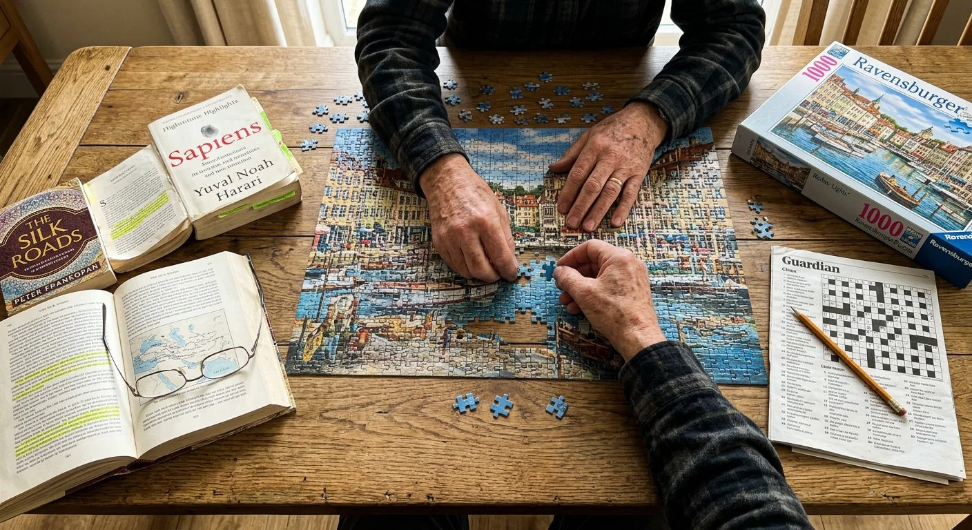A high-angle view of a dining table scattered with a complex jigsaw puzzle, open books, and crosswords.