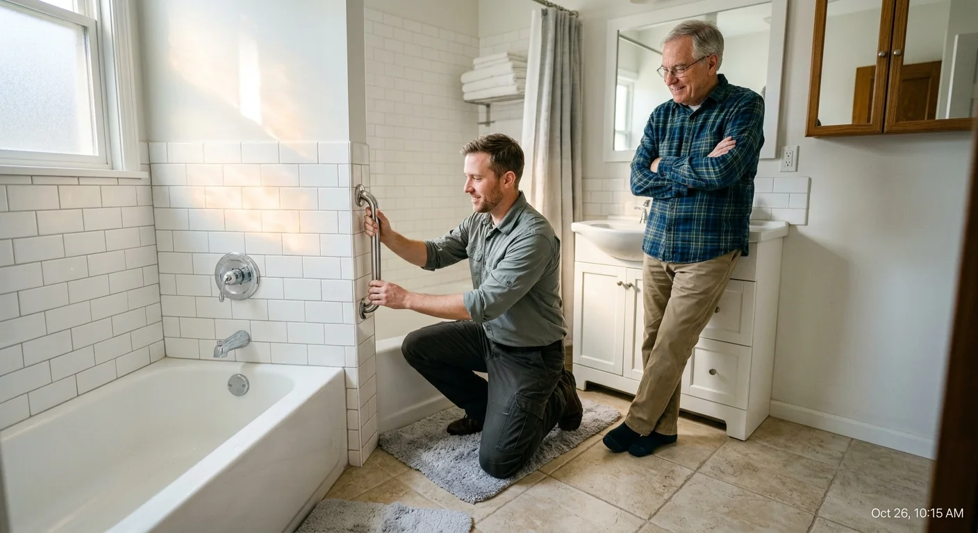 A home inspector checks a bathroom grab bar while an older man looks on during a safety assessment.