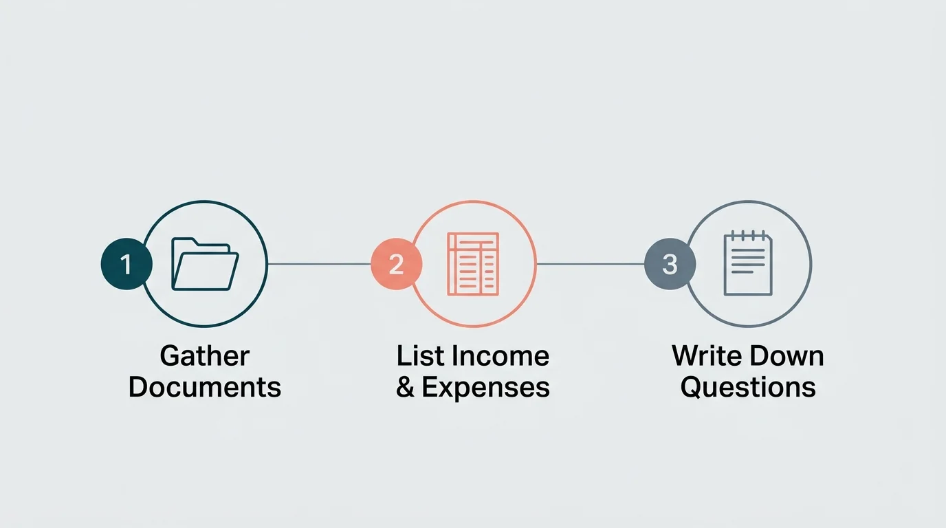 A horizontal 3-step diagram outlining: 1. Gather Documents, 2. List Income & Expenses, 3. Write Down Questions.