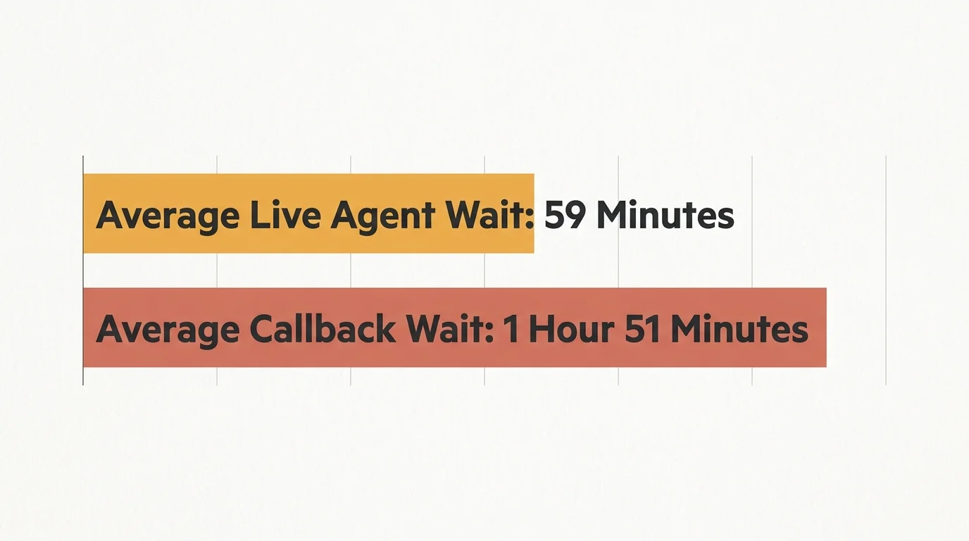 A horizontal bar chart comparing the average wait time of 59 minutes for a live agent versus 1 hour and 51 minutes for automated callback.