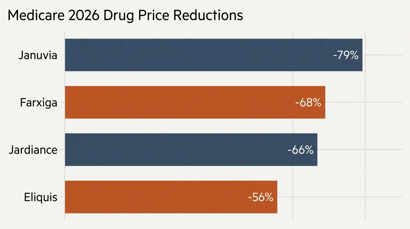 A horizontal bar chart in a clean editorial style showing the 2026 Medicare price reductions for Januvia, Farxiga, Jardiance, and Eliquis.