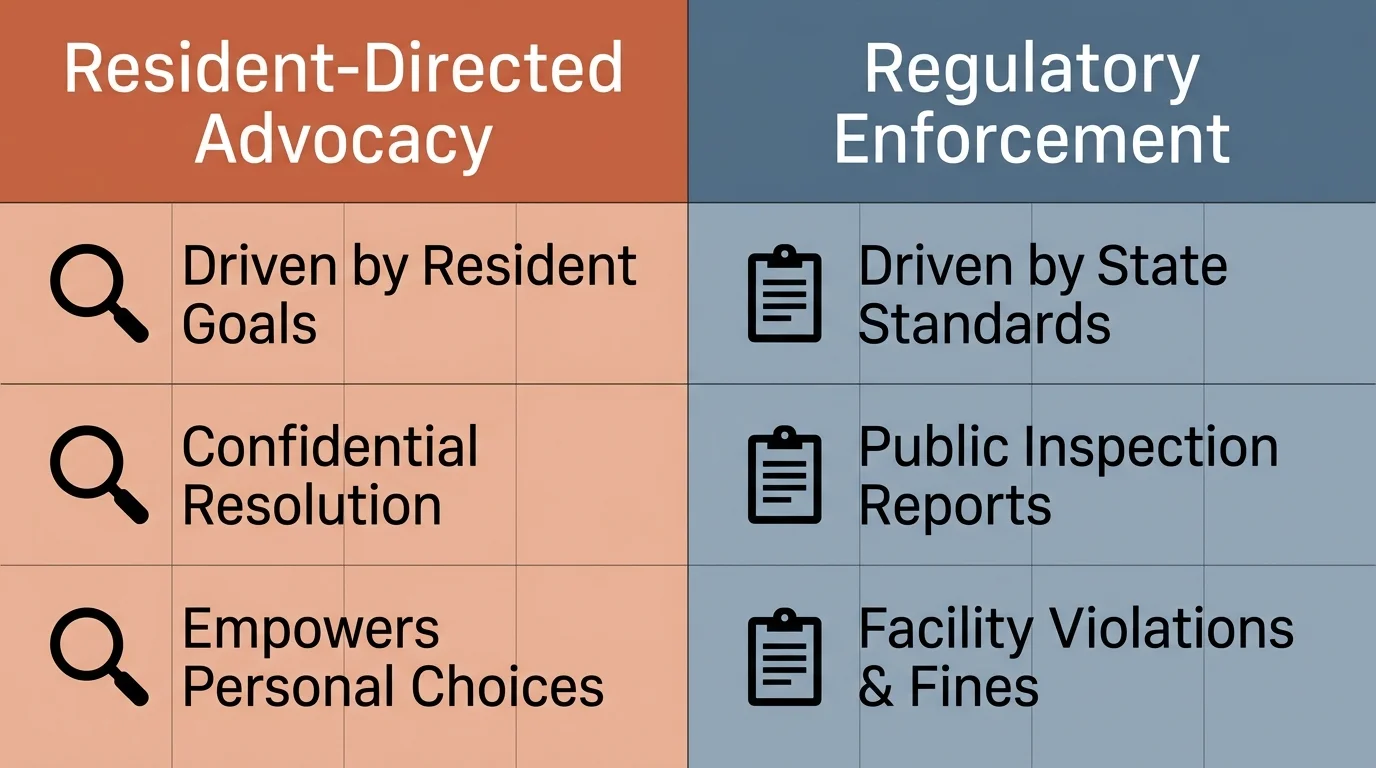 A horizontal comparative chart contrasting resident-directed advocacy with regulatory enforcement.