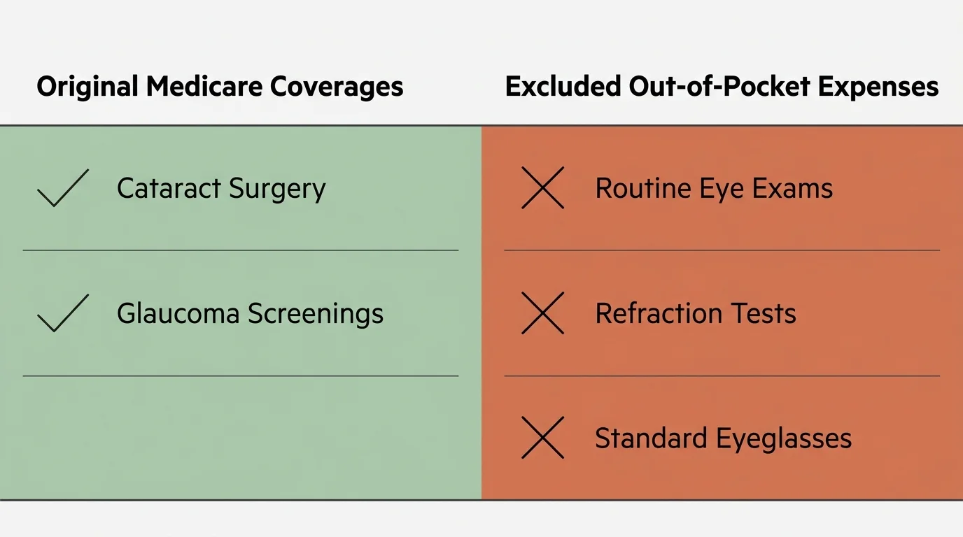 A horizontal comparison chart showing what Original Medicare covers versus excluded out-of-pocket vision expenses.