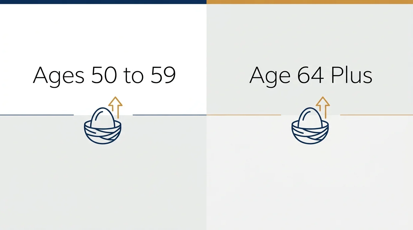 A horizontal diagram with two sections outlining rules for Ages 50 to 59 and Age 64 Plus with upward arrows.