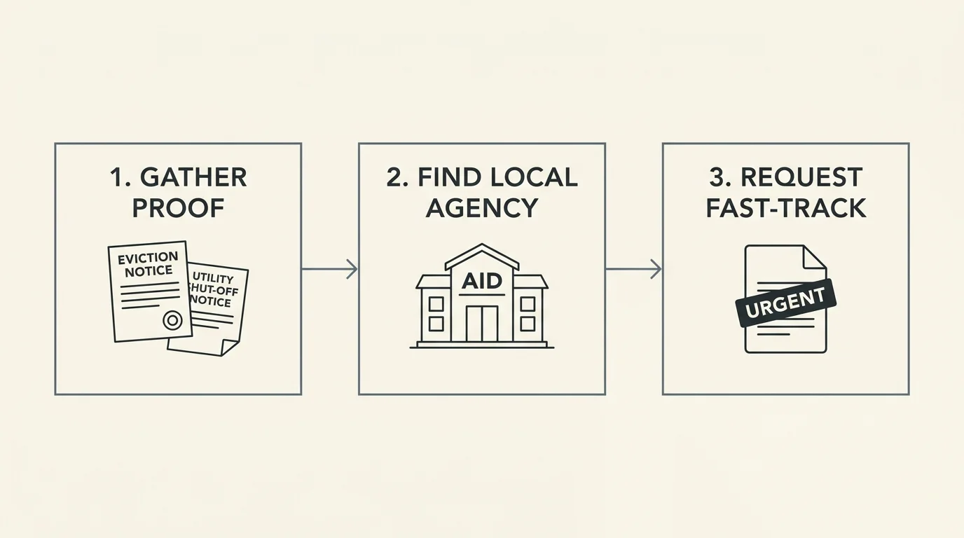 A horizontal flowchart detailing three steps to get emergency aid: gather proof, find a local agency, and request fast-track.