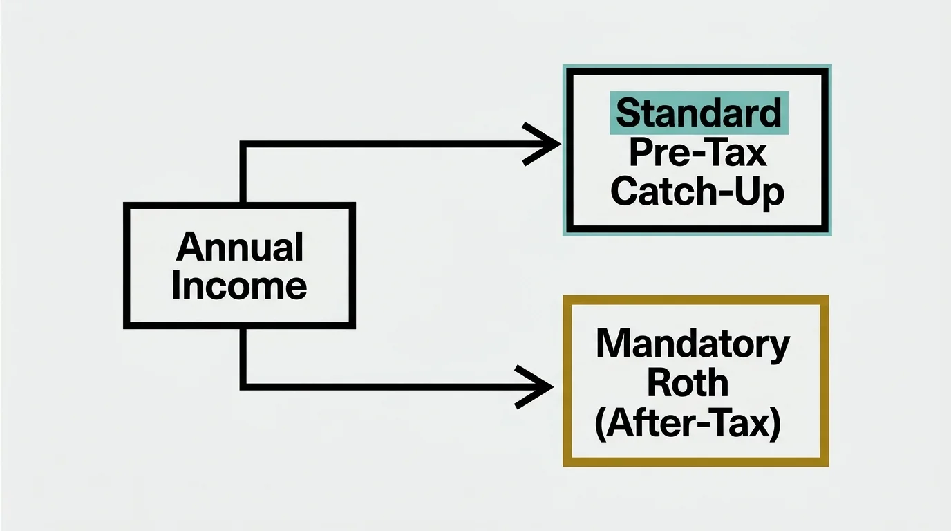 A horizontal geometric flowchart separating retirement catch-up rules into pre-tax and mandatory Roth paths based on income.