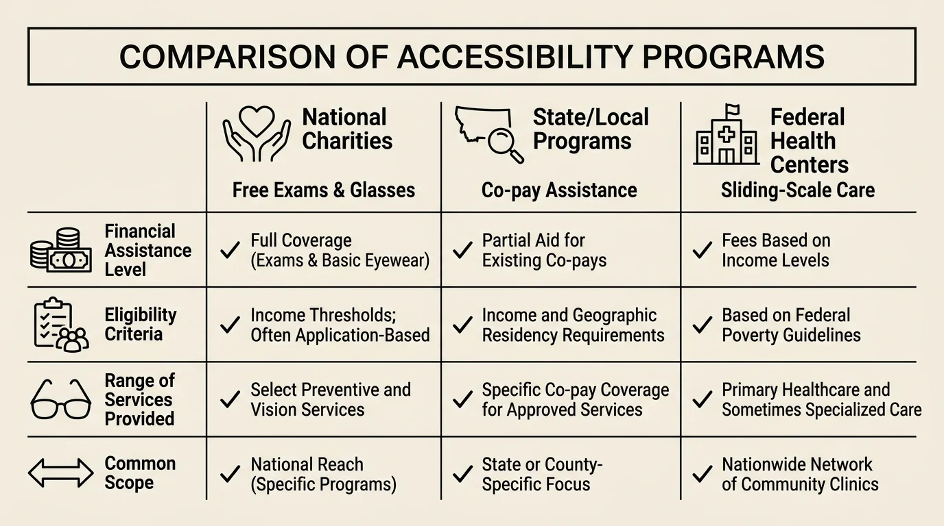 A horizontal grid comparing National Charities, State Programs, and Federal Health Centers on coverage types.