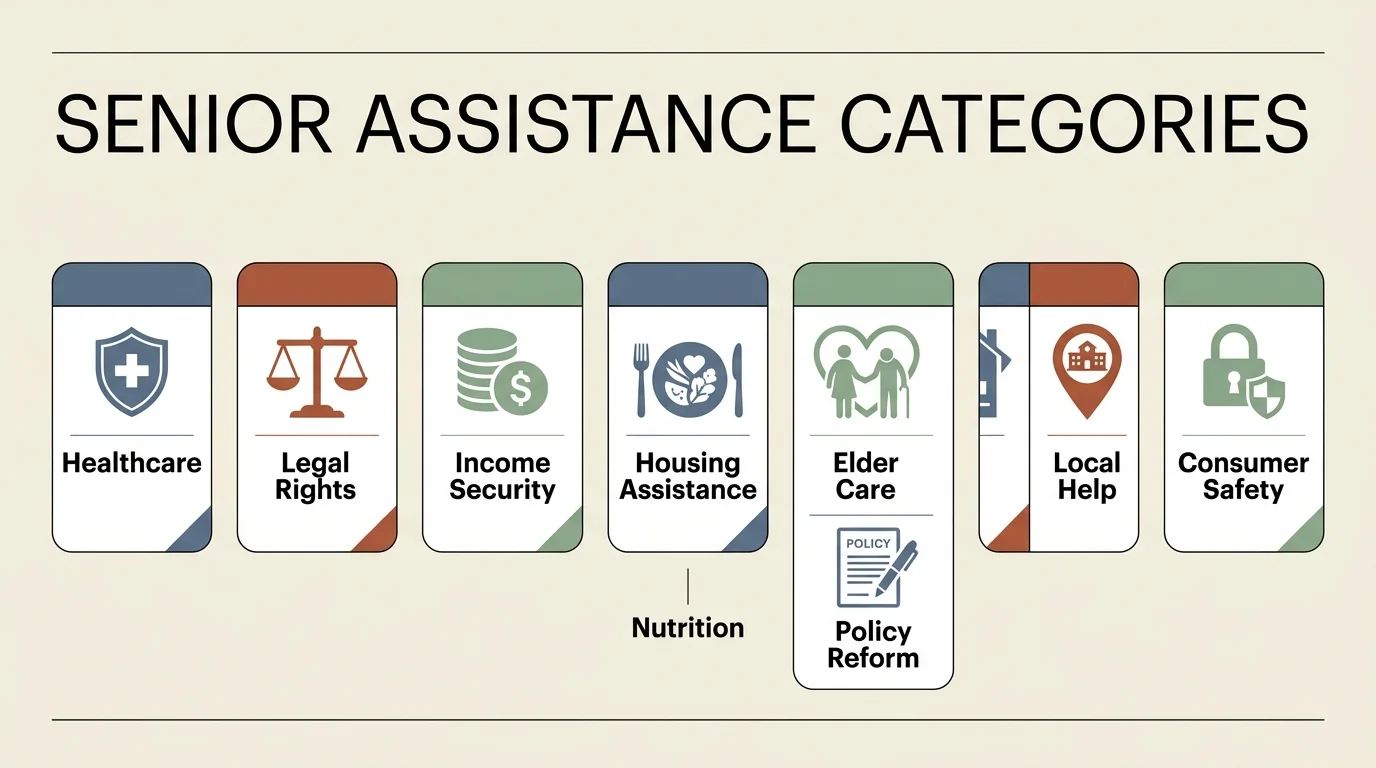 A horizontal infographic showing nine clean category cards for senior assistance, including Healthcare, Legal Rights, and Housing.