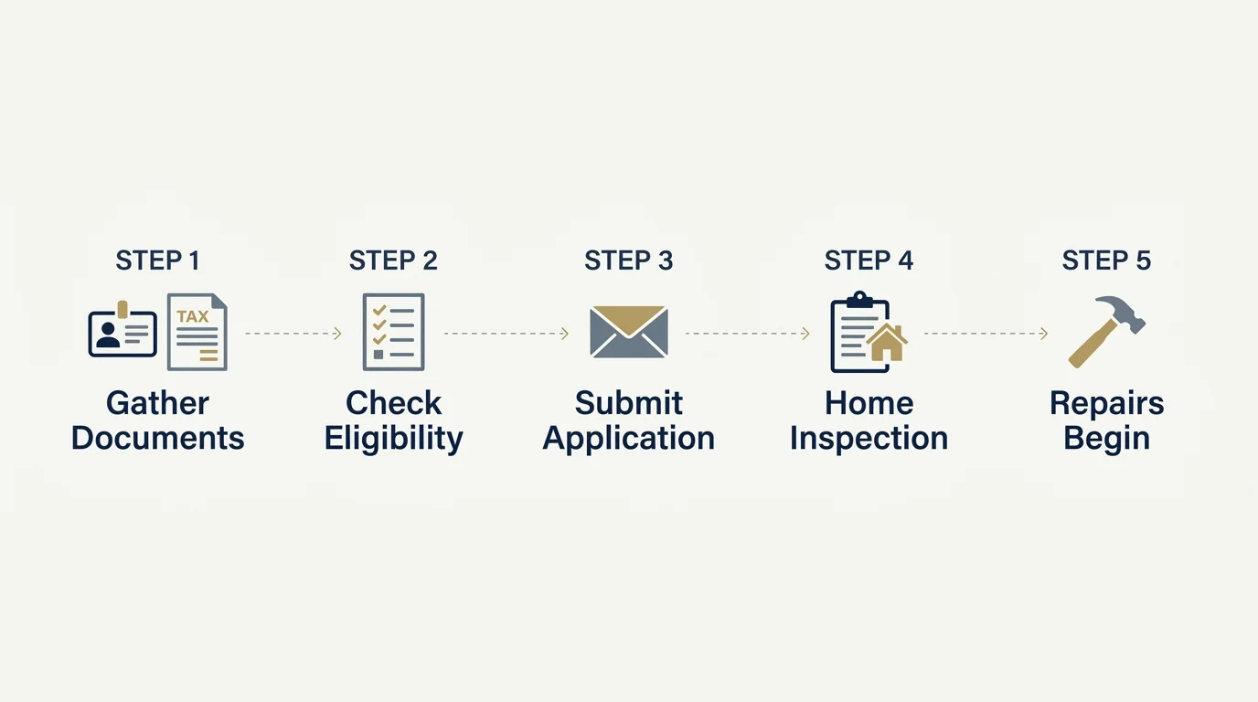 A horizontal step-by-step flowchart outlining the process of applying for senior home repair assistance programs.