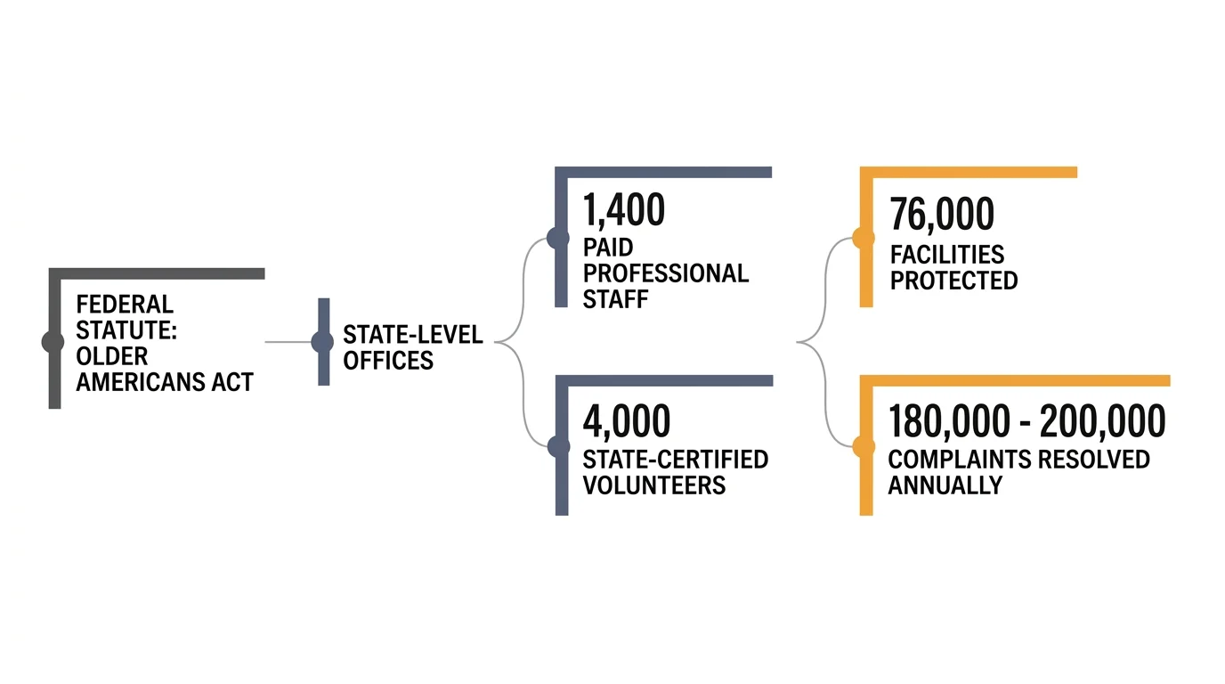A horizontal structural diagram mapping the Long-Term Care Ombudsman Program, showing staff, volunteers, and complaints resolved.