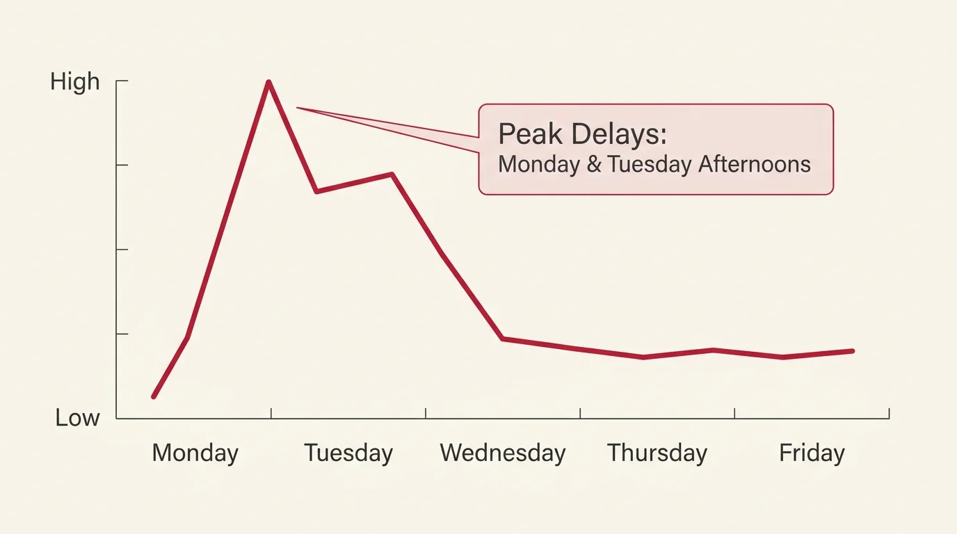 A line graph showing call volume peaking sharply on Monday and Tuesday afternoons, signaling the worst times to call.