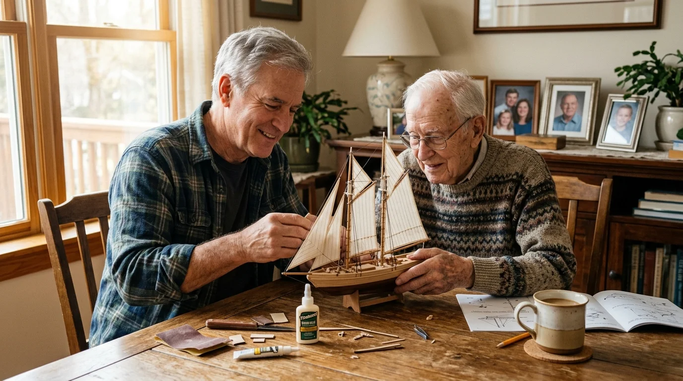 A male volunteer and an older man work together on a wooden model sailboat at a kitchen table filled with natural morning light.
