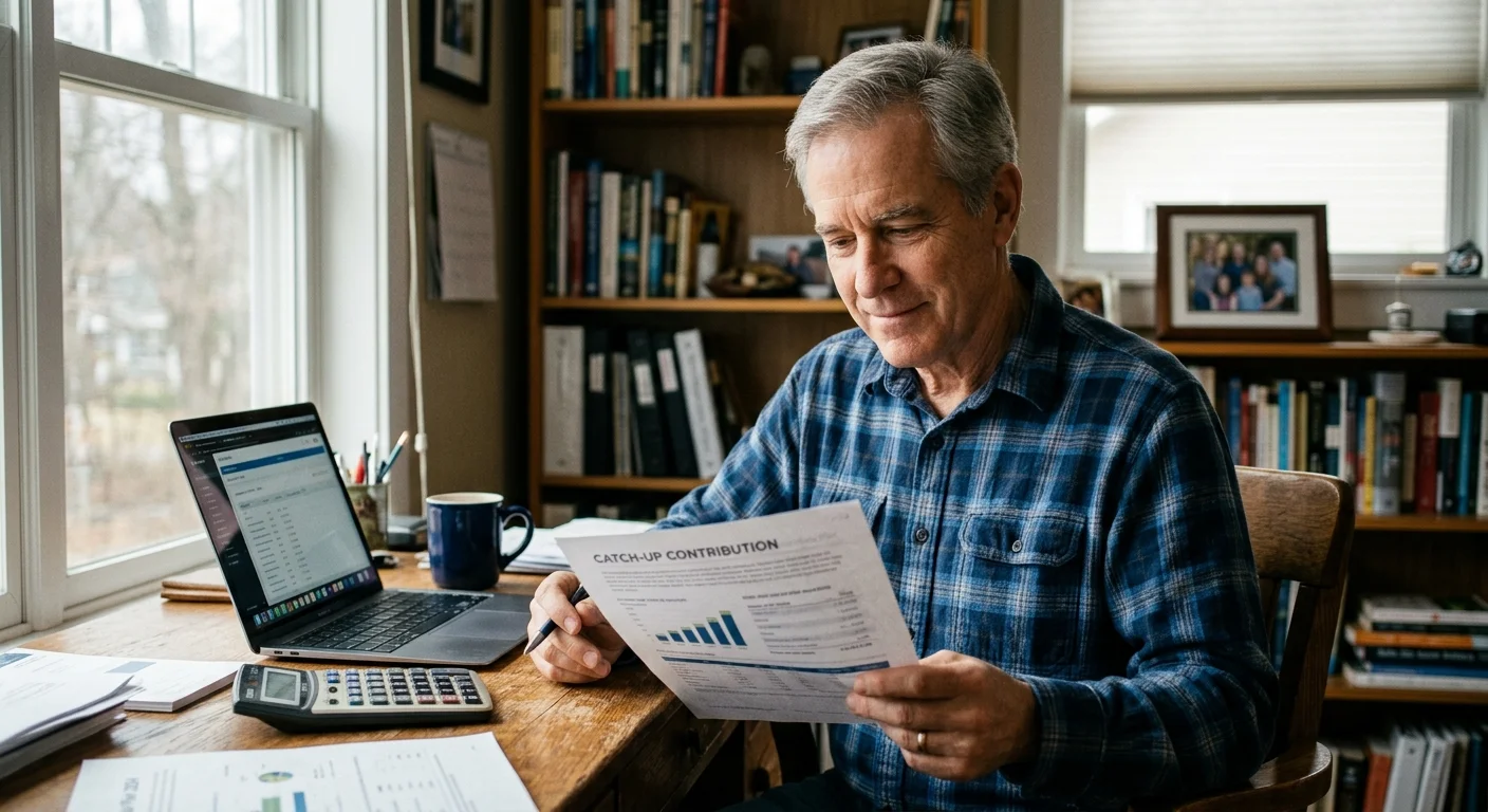 A man in his early 60s reviewing financial savings documents in his home office with soft window lighting.