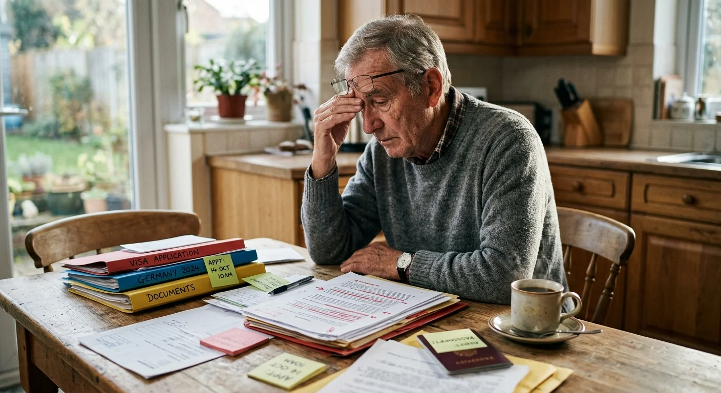 A man in his late 60s looks over a cluttered table of folders and highlighted documents in a sunlit kitchen.
