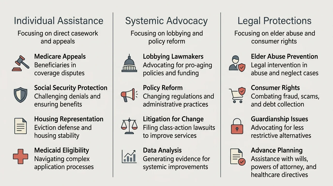 A minimalist comparative diagram outlining the differences between individual assistance, systemic advocacy, and legal protections.