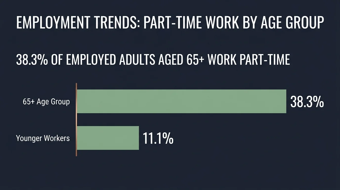 A minimalist data infographic comparing the part-time employment rate of seniors (38.3%) against younger workers (11.1%).
