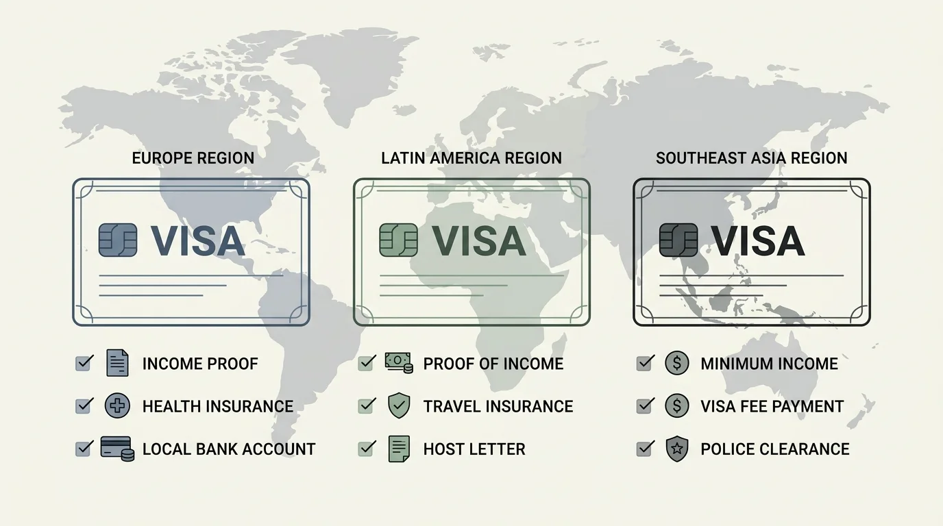 A minimalist editorial infographic showing comparative retirement visa requirements across Europe, Latin America, and Southeast Asia.