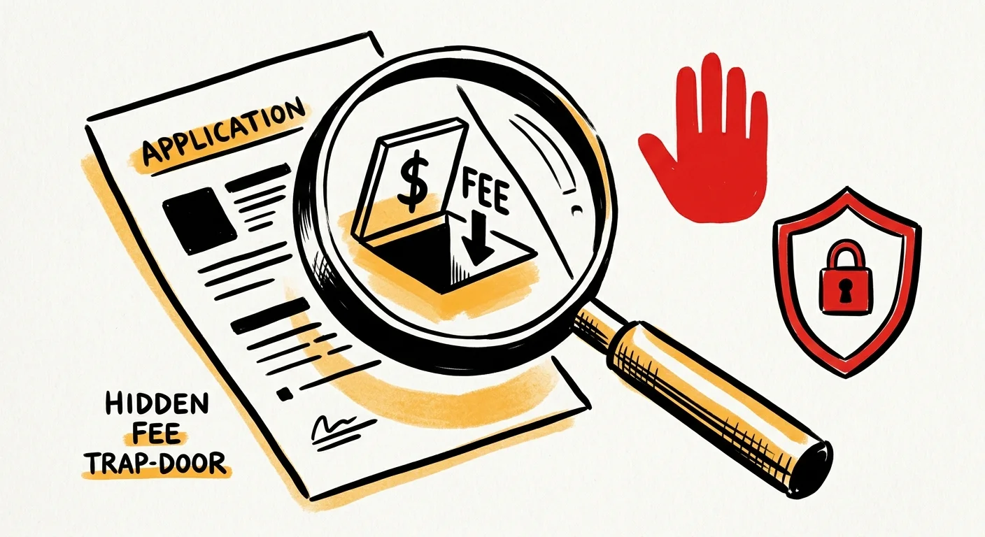 A minimalist ink illustration of a magnifying glass scanning a document for hidden traps, symbolizing scam prevention.