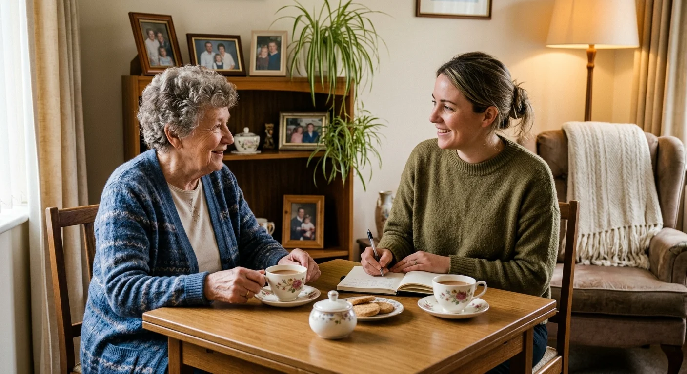 A photograph of an older woman and a caring case manager smiling during a supportive home visit.