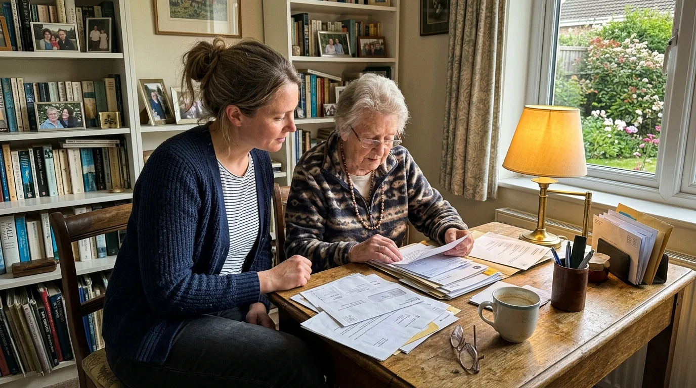 A professional companion in casual clothes helps an older woman organize mail at a sunlit wooden desk in a home office.