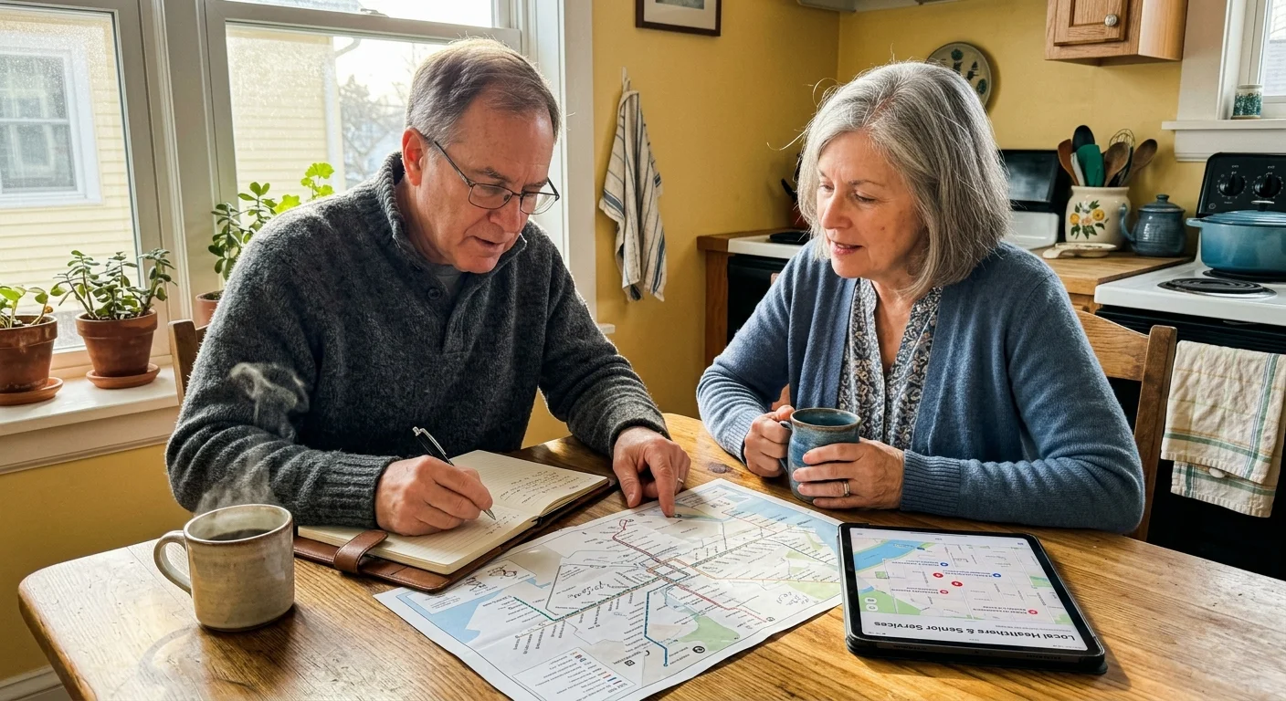 A retired couple sits at a sunlit kitchen table researching local clinics on a map and tablet during a trial trip.