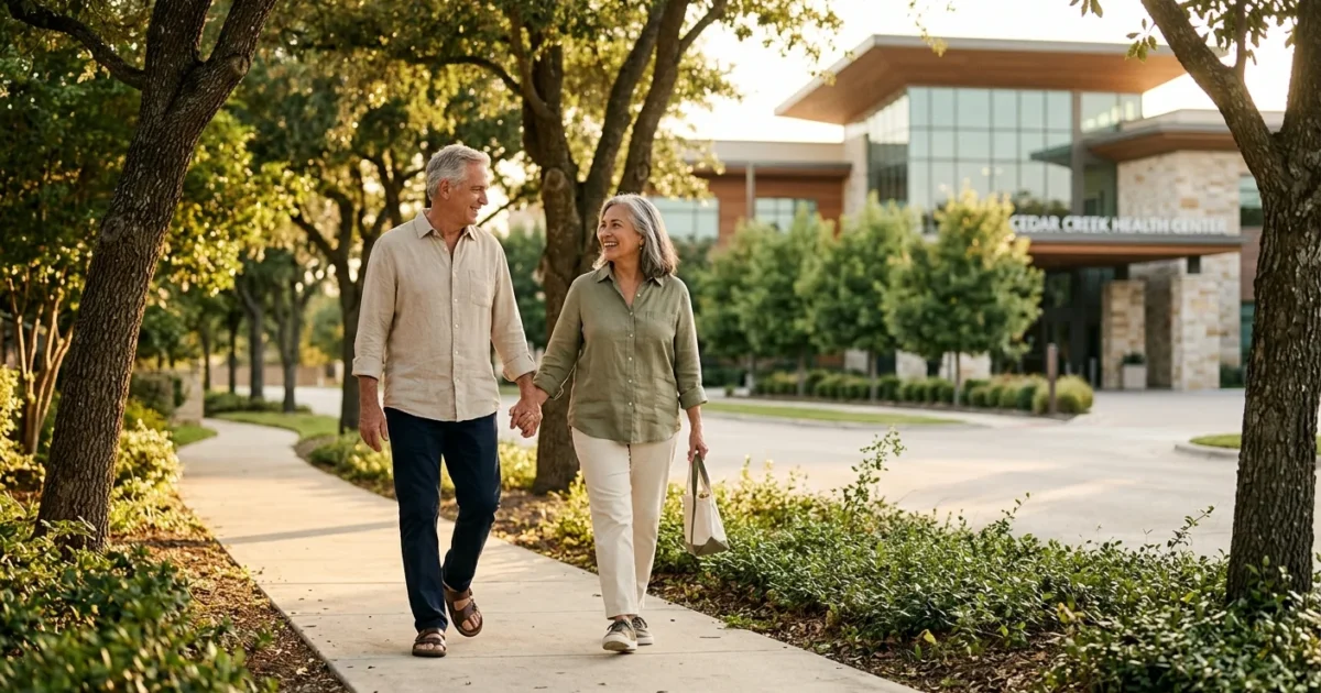A retired couple walks along a tree-lined street with a modern medical building softly blurred in the background during golden hour.