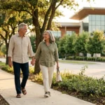 A retired couple walks along a tree-lined street with a modern medical building softly blurred in the background during golden hour.