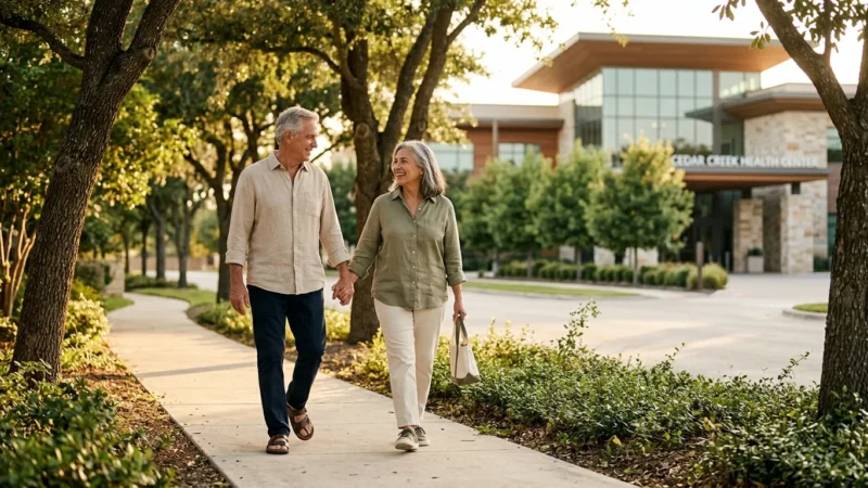 A retired couple walks along a tree-lined street with a modern medical building softly blurred in the background during golden hour.