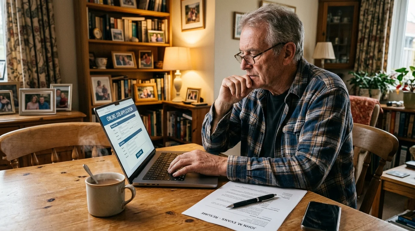 A retired man sits at his cozy dining table at home, thoughtfully filling out an online job application on his laptop.