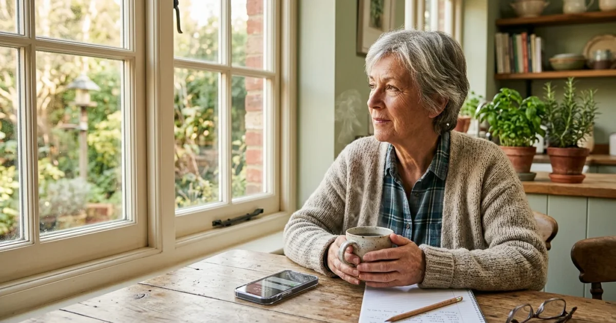 A retired woman sits peacefully in her sunlit kitchen with her phone and a notepad on the table, reflecting a calm waiting experience.