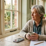 A retired woman sits peacefully in her sunlit kitchen with her phone and a notepad on the table, reflecting a calm waiting experience.