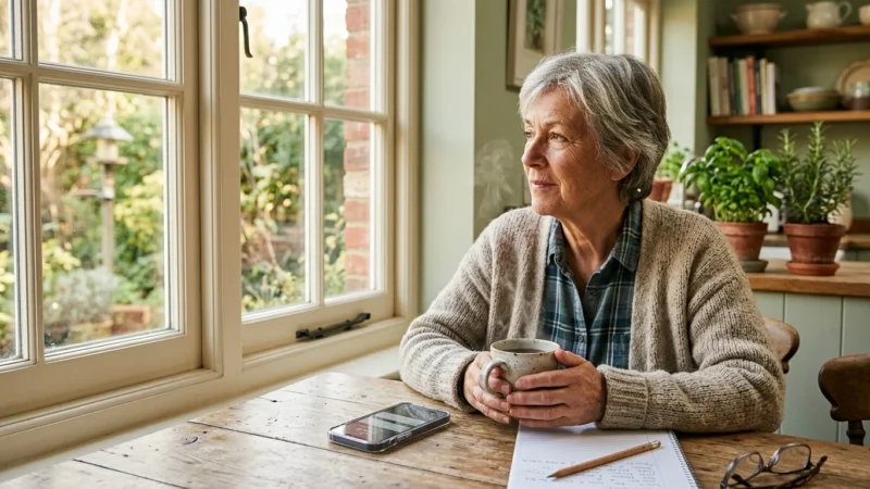 A retired woman sits peacefully in her sunlit kitchen with her phone and a notepad on the table, reflecting a calm waiting experience.