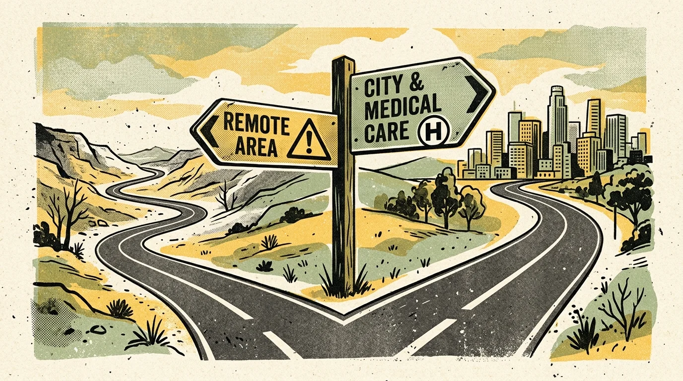 A risograph-style illustration of a fork in the road sign, warning against relocating too far from urban medical centers.
