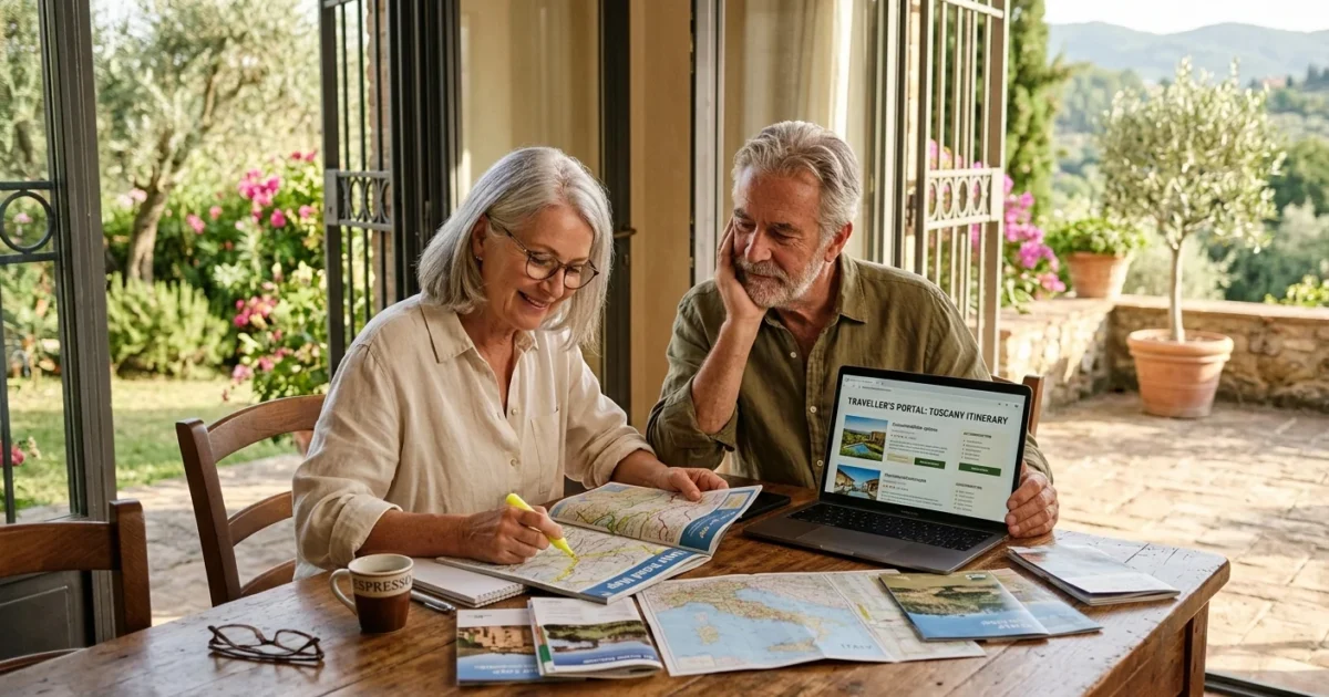 A senior couple plans their move abroad at a wooden dining table covered with paperwork, with a sunny Mediterranean garden in the background