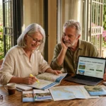 A senior couple plans their move abroad at a wooden dining table covered with paperwork, with a sunny Mediterranean garden in the background