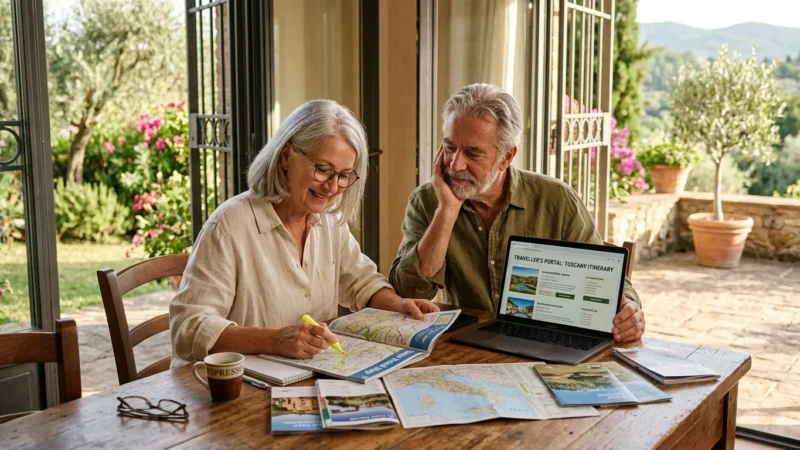 A senior couple plans their move abroad at a wooden dining table covered with paperwork, with a sunny Mediterranean garden in the background