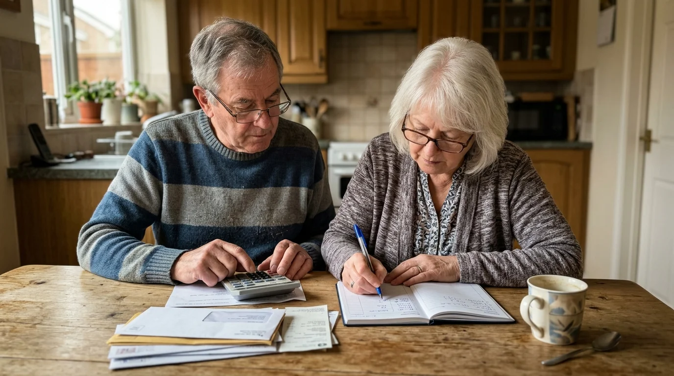 A senior couple sitting at a wooden kitchen table reviewing utility bills and household paperwork under soft natural light.