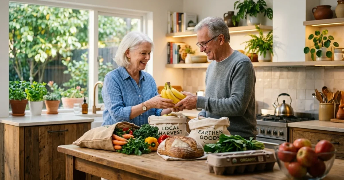A senior couple smiles while unpacking fresh groceries from canvas bags onto a wooden kitchen island in a warm, sunlit kitchen.