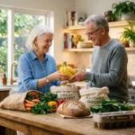 A senior couple smiles while unpacking fresh groceries from canvas bags onto a wooden kitchen island in a warm, sunlit kitchen.