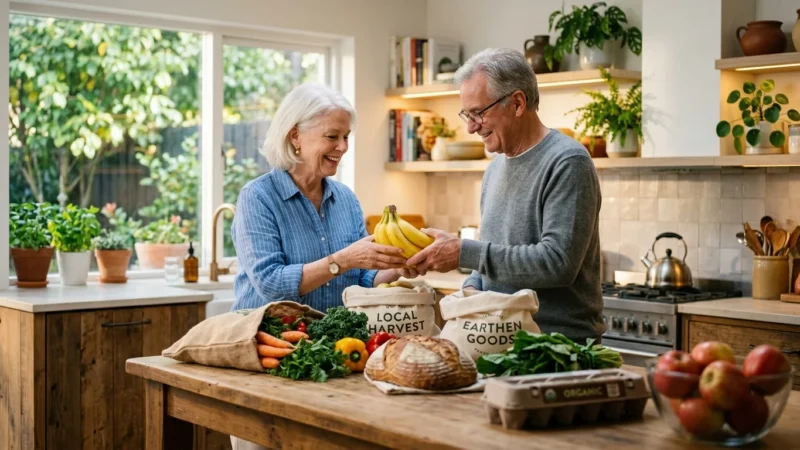 A senior couple smiles while unpacking fresh groceries from canvas bags onto a wooden kitchen island in a warm, sunlit kitchen.
