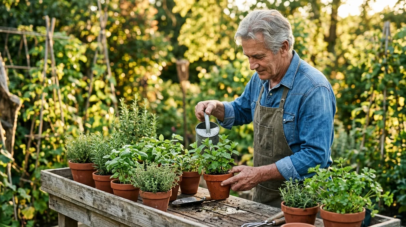 A senior man in a denim shirt carefully waters potted herbs on a rustic table during a golden hour afternoon.