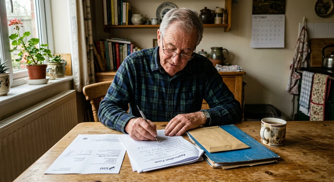 A senior man sitting at his kitchen table filling out an application form with documents and a mug nearby.