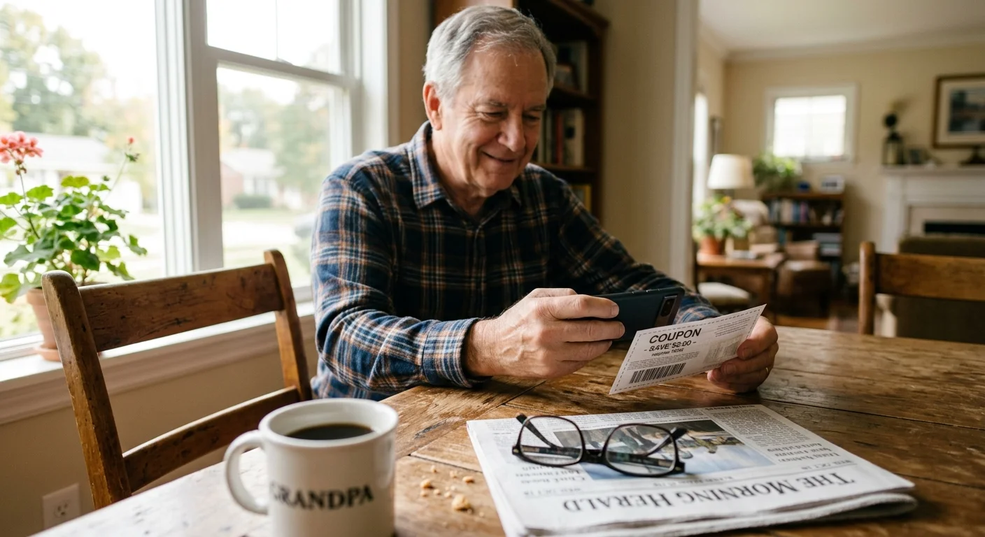A senior man sitting at his kitchen table using a smartphone to scan a coupon next to his reading glasses and a mug.
